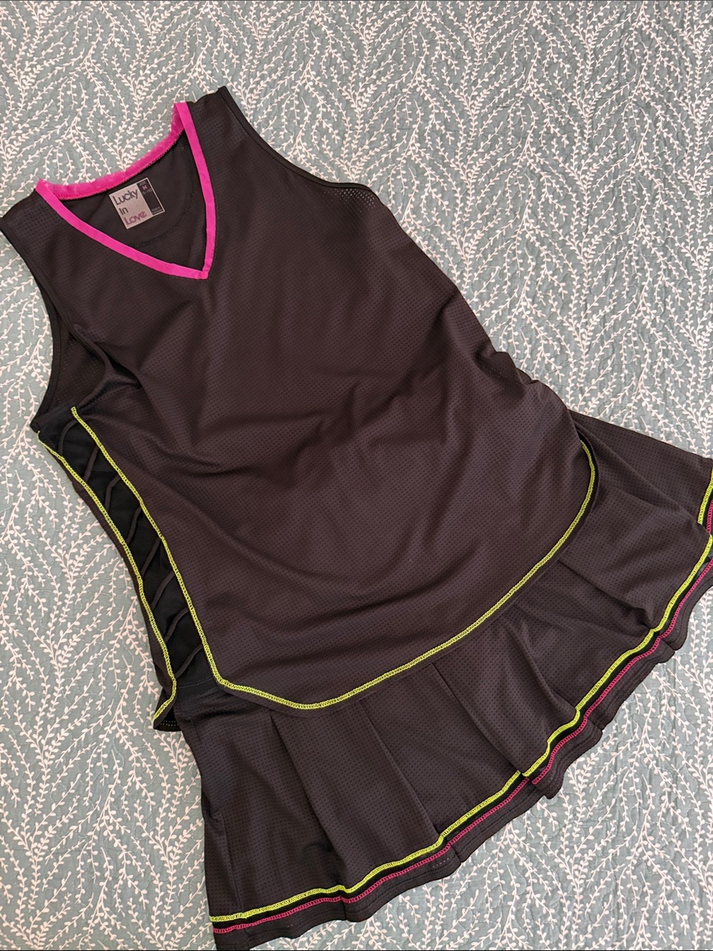 Lucky in Love Black 2-piece Tennis outfit with Pink & Lime Accents